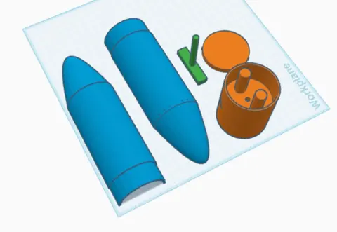 Screenshot of a 3D design tool showing the parts of an ejection mechanism laid out on a grid.